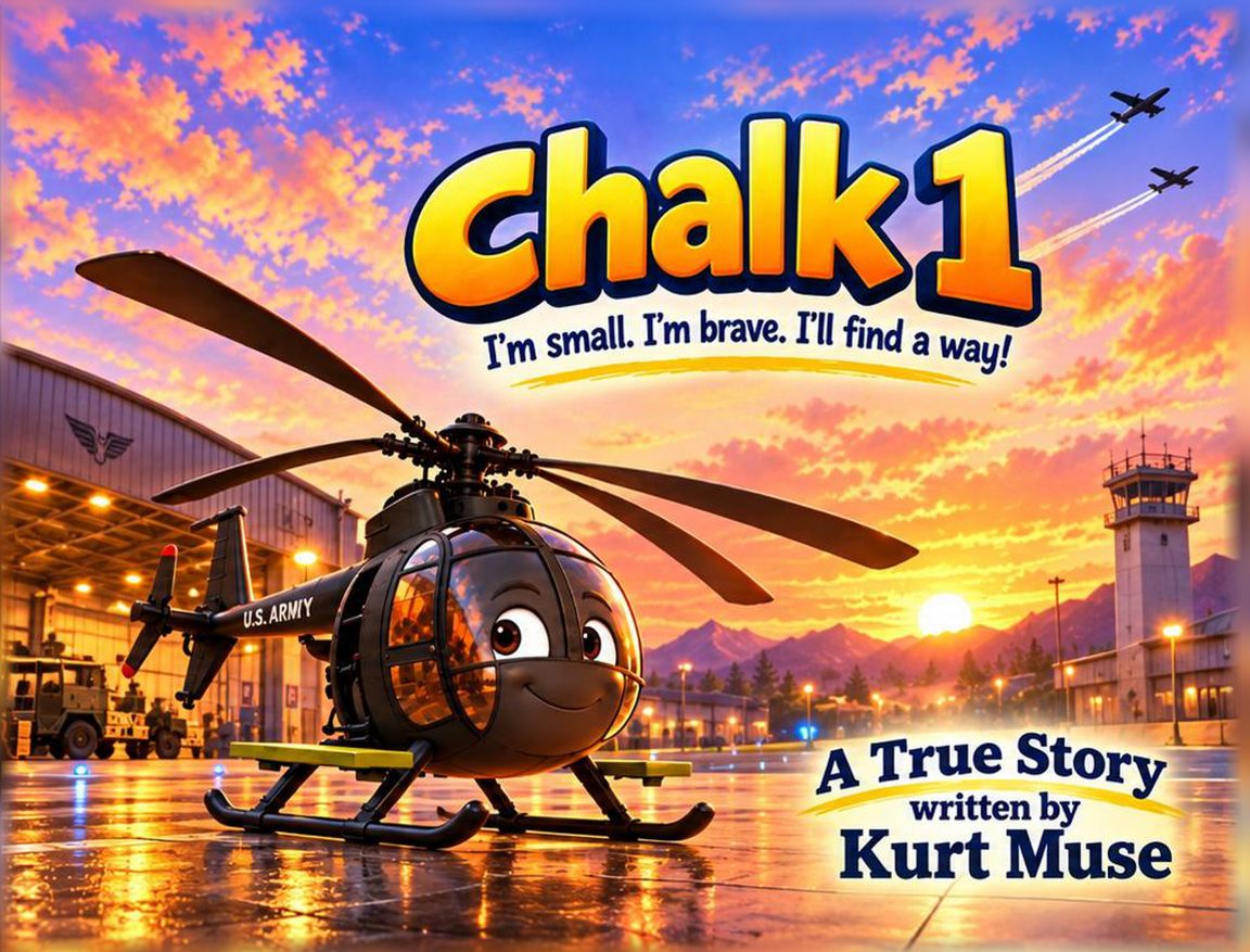 Chalk 1 book cover: a small, smiling black U.S. Army helicopter on an airfield at sunset, with the title Chalk 1 and the words I'm small. I'm brave. I'll find a way!
